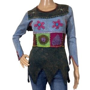 KPC Nepal Handmade Cotton Hippie Patchwork Embroidered Long Sleeve Top Size S
